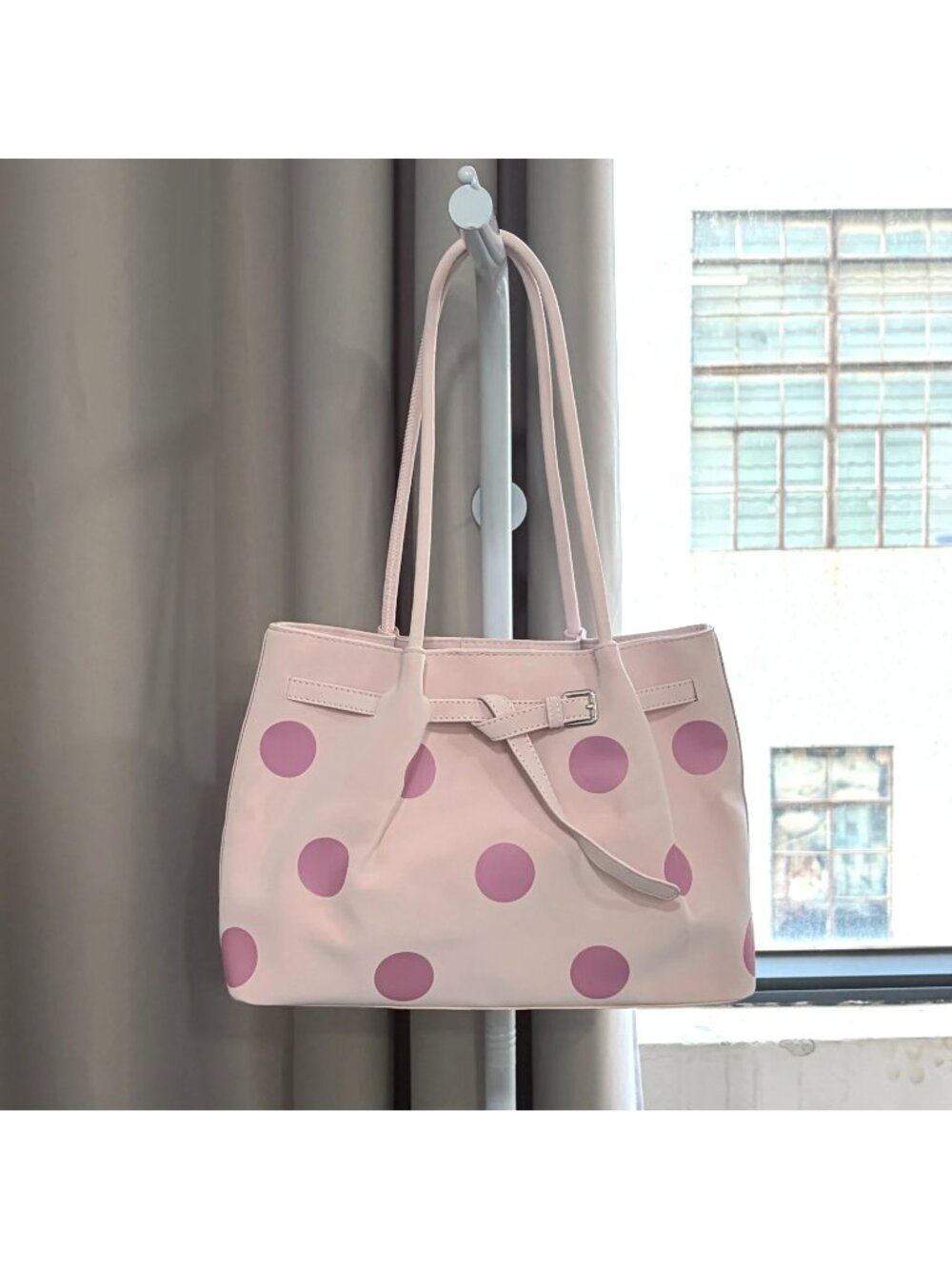 Rose Pink Polka Dot Large Tote Bag | Sweet Girl Daily Commuter Shoulder Bag